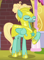 Size: 486x669 | Tagged: safe, screencap, zephyr breeze, pegasus, pony, sparkle's seven, cropped, hoof shoes, male, raised hoof, royal guard armor, royal guard zephyr breeze, smiling, wings