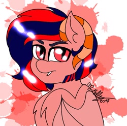 Size: 691x685 | Tagged: safe, artist:kellysans, oc, oc:darkyron bladebood, demon, demon pony, original species, abstract background, male, signature, slit eyes