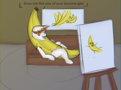 Size: 2150x1600 | Tagged: safe, artist:thispony, derpibooru exclusive, oc, oc only, oc:neon flame, pony, banana, chromatic aberration, clothes, costume, crotch bulge, draw me like one of your french girls, food, meme, owo, sketch, solo