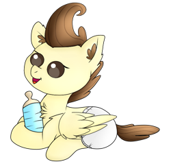 Size: 653x623 | Tagged: safe, artist:ezzy-artz, pound cake, pegasus, pony, baby, baby bottle, baby pony, beady eyes, chest fluff, colt, cute, diaper, ear fluff, male, open mouth, poundabetes, prone, simple background, solo, transparent background