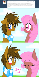 Size: 768x1510 | Tagged: safe, artist:askchocolatedip, oc, oc only, oc:chocolate dip, oc:digigam, pegasus, pony, unicorn, ask, blushing, clothes, female, male, mare, scarf, stallion, tumblr