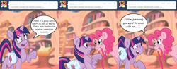 Size: 1502x589 | Tagged: safe, artist:pippy, twilight sparkle, twilight sparkle (alicorn), alicorn, pony, collar, comic, golden oaks library, mouth hold, pinkiepieskitchen, saddle bag, walkies