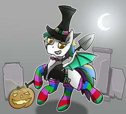 Size: 1500x1353 | Tagged: safe, artist:jesterpi, oc, oc only, oc:sky dancer, bat pony, pony, abstract background, bone, clothes, glow, gravedigger, graveyard, halloween, hat, holiday, moon, pumpkin, shovel, smiling, socks, solo, striped socks, tombstones, wings, ych result