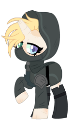 Size: 973x1633 | Tagged: safe, artist:caramelushy, artist:rukemon, oc, oc only, oc:dirty bits, pony, unicorn, base used, boots, broken horn, cloak, clothes, commission, female, freckles, heterochromia, hood, horn, mare, scar, shoes, simple background, solo, transparent background