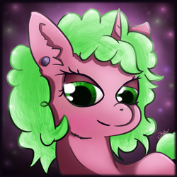 Size: 1467x1467 | Tagged: safe, artist:jesterpi, oc, oc:berry blitz, pony, unicorn, abstract background, ear piercing, earring, glow, green mane, jewelry, piercing, profile, profile picture, smiling