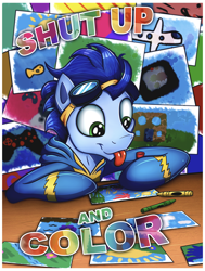 Size: 2268x3000 | Tagged: safe, artist:mattings, artist:vocalmaker, soarin', pony, :p, clothes, crayon, crayons, cute, drawing, goggles, high res, hoof hold, poster, shut up, soarinbetes, solo, tongue out, uniform, wonderbolts uniform