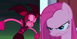 Size: 783x404 | Tagged: safe, derpibooru import, edit, screencap, pinkie pie, earth pony, pony, party of one, angry, comparison, pinkamena diane pie, spinel (steven universe), steven universe, steven universe: the movie