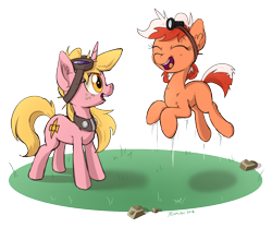 Size: 1280x1072 | Tagged: safe, artist:tehflah, oc, oc only, oc:rosa aurata, oc:ruby streak, earth pony, pony, duo, goggles, jumping, solo