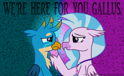 Size: 6340x3900 | Tagged: safe, artist:ejlightning007arts, edit, gallus, silverstream, griffon, hippogriff, absurd resolution, crying, female, fixed spelling, gallstream, hand on cheek, implied student six, jewelry, male, necklace, sad, shipping, straight, support