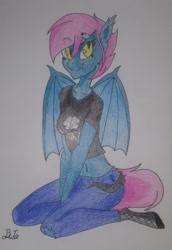 Size: 1666x2421 | Tagged: safe, artist:cypisek95, oc, oc only, anthro, bat pony, bat wings, belly button, fangs, female, open mouth, simple background, sitting, solo, traditional art, white background, wings