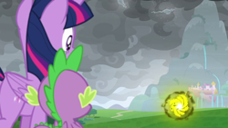 Size: 1920x1080 | Tagged: safe, screencap, spike, twilight sparkle, twilight sparkle (alicorn), alicorn, dragon, windigo, the ending of the end, canterlot castle, cloud, destroyed, implied grogar, leak, out of focus, pony history, portal, ruins, ruins of canterlot, snow, snowfall, tree, winged spike