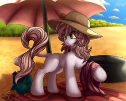 Size: 4416x3543 | Tagged: safe, artist:avery-valentine, oc, oc only, crab, earth pony, pony, bag, beach, beach towel, female, hat, leonine tail, looking at something, mare, solo, sun hat, umbrella