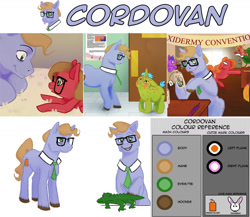 Size: 1280x1111 | Tagged: safe, artist:clorin spats, oc, oc:charity, oc:cordovan, oc:pun, alligator, cockatrice, pony, ask, ask pun, colt, female, filly, glasses, male, necktie, reference sheet, stallion, two cutie marks