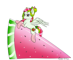 Size: 979x816 | Tagged: safe, artist:monsoonvisionz, oc, oc only, oc:watermelana, pegasus, pony, crossed hooves, female, food, freckles, fruit, giant food, gift art, gradient hooves, looking at you, mare, prone, simple background, solo, transparent background, watermelon