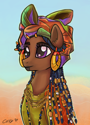 Size: 720x1000 | Tagged: safe, artist:capncurvy, artist:supcapn, oc, oc only, pony, african, african culture, beads, body painting, braid, bust, clothes, costume, dreadlocks, dress, ear piercing, earring, face tattoo, female, hair jewelry, head wrap, hooped earrings, jewelry, mare, necklace, piercing, sitting, solo, tattoo