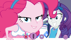 Size: 1920x1080 | Tagged: safe, screencap, pinkie pie, rarity, do it for the ponygram!, equestria girls, equestria girls series, spoiler:eqg series (season 2), close-up, duo, duo female, female, geode of shielding, geode of sugar bombs, grin, lidded eyes, lip bite, looking at you, magical geodes, rarity's bedroom, recording, smiling, webcam