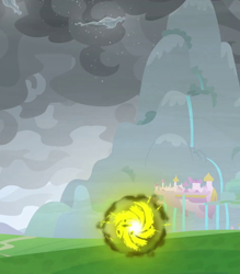 Size: 939x1071 | Tagged: safe, screencap, pony, windigo, the ending of the end, canterlot, canterlot castle, cloud, cloudy, dark magic, destroyed, implied grogar, magic, portal, ruins of canterlot, series finale