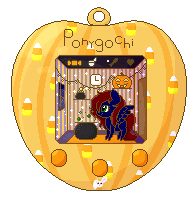 Size: 193x203 | Tagged: safe, artist:nekoremilia1, oc, oc only, oc:night coder, pegasus, pony, animated, blinking, brewing, cauldron, clock, cute, female, gif, halloween, holiday, jack-o-lantern, mare, pixel art, ponygochi, pumpkin, solo, tamagotchi, toy, wings, ych result