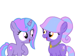 Size: 2732x2048 | Tagged: safe, artist:turnaboutart, oc, oc only, oc:lilac glow, oc:starry twinkle, earth pony, pony, unicorn, base used, female, jewelry, magical lesbian spawn, necklace, offspring, parent:lemon hearts, parent:twilight sparkle, parents:lemonlight, pearl necklace, pendant, ponytail, siblings, simple background, sisters, talking, transparent background, twin sisters, twins