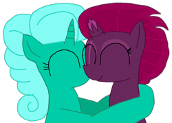 Size: 1510x1080 | Tagged: safe, artist:徐詩珮, fizzlepop berrytwist, glitter drops, tempest shadow, pony, unicorn, my little pony: the movie, broken horn, eyes closed, female, glittershadow, horn, hug, kissing, lesbian, mare, shipping, simple background, transparent background