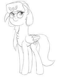 Size: 2255x3000 | Tagged: safe, artist:besttubahorse, oc, oc only, oc:zippy snips, pegasus, pony, hat, insignia, monochrome, simple background, sketch, tall, thin, ushanka, white background