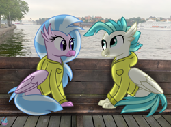 Size: 2007x1490 | Tagged: safe, artist:rainbow eevee, silverstream, terramar, classical hippogriff, hippogriff, pony, bench, brother and sister, clothes, cute, diastreamies, duo, female, hoodie, irl, jacket, male, ocean, photo, ponies in real life, sibling bonding, siblings, sweden, terrabetes, tree, water