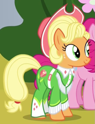 Size: 435x570 | Tagged: safe, derpibooru import, screencap, applejack, pinkie pie, earth pony, pony, sparkle's seven, apple chord, cropped, solo focus