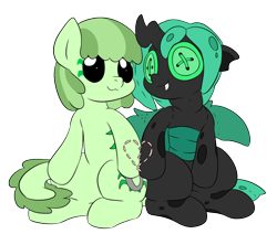 Size: 822x698 | Tagged: safe, artist:dudey64, oc, oc only, oc:mint chisel, oc:speculo, original species, button eyes, green changeling, heart, plush pony, sewn together, simple background, sitting, smiling, transparent background