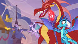 Size: 1918x1078 | Tagged: safe, screencap, amarant, basil, princess ember, prominence, vex, dragon, the last problem, bloodstone scepter, canterlot, dragoness, female, flying, leak, male, mid-blink screencap