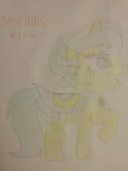 Size: 1944x2592 | Tagged: safe, artist:jerryakiraclassics19, oc, oc only, oc:morning rise, pony, unicorn, female, ribbon, saddle, tack, traditional art