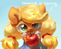 Size: 2894x2343 | Tagged: safe, artist:holivi, derpibooru import, applejack, anthro, earth pony, apple, clothes, cute, dialogue, dress, female, filly, filly applejack, food, holivi is trying to murder us, jackabetes, looking at you, sharing is caring, solo, talking to viewer, weapons-grade cute, younger