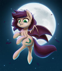 Size: 1500x1731 | Tagged: safe, artist:ikarooz, oc, oc only, oc:slumber tea, bat, bat pony, pony, bat pony oc, female, flying, full moon, mare, moon, night, solo, stars