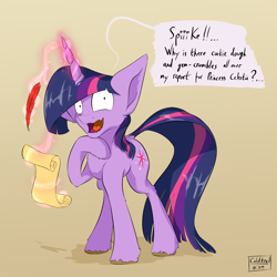 Size: 2500x2500 | Tagged: safe, artist:coldtrail, twilight sparkle, unicorn twilight, pony, unicorn, female, glowing horn, horn, implied spike, magic, mare, nervous, newbie artist training grounds, quill pen, raised leg, scroll, solo, telekinesis, twilight snapple