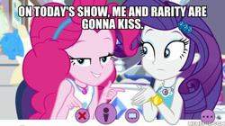 Size: 600x337 | Tagged: safe, edit, edited screencap, screencap, pinkie pie, rarity, better together, do it for the ponygram!, equestria girls, caption, female, geode of shielding, geode of sugar bombs, image macro, lesbian, magical geodes, raripie, shipping, text
