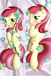 Size: 3334x5000 | Tagged: safe, artist:bluemeganium, roseluck, pony, student counsel, blushing, body pillow, embarrassed, flower, glue, leaves, looking at you, on back, silly, silly pony, solo, stick, strategically covered