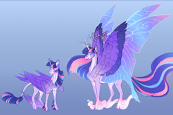 Size: 2000x1327 | Tagged: safe, artist:turnipberry, twilight sparkle, twilight sparkle (alicorn), alicorn, classical unicorn, pony, alternate design, blue background, butterfly wings, chest fluff, cloven hooves, colored fetlocks, colored hooves, colored pupils, colored wings, colored wingtips, curved horn, ethereal fetlocks, ethereal mane, ethereal wings, feathered fetlocks, female, fluffy, gradient background, gradient eyes, gradient wings, horn, hybrid wings, large wings, leg fluff, leonine tail, lidded eyes, long feather, looking back, mare, neck fluff, open mouth, petals, realistic horse legs, shoulder fluff, simple background, smiling, spread wings, tail fluff, tree of harmony, treelight sparkle, unshorn fetlocks, wing fluff, winged hooves, wings