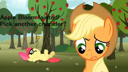 Size: 640x360 | Tagged: safe, derpibooru import, edit, edited screencap, screencap, apple bloom, applejack, earth pony, pony, the super speedy cider squeezy 6000, apple tree, circling stars, confused, dizzy, fainted, meme, on back, passed out, pokémon, reference, sweet apple acres, swirly eyes, tree