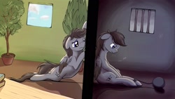 Size: 1920x1080 | Tagged: safe, artist:shaliwolf, oc, oc only, pegasus, pony, ball and chain, book, contrast, duality, floppy ears, potted plant, prison, prisoner, sad, sitting, unnamed oc, wall, window