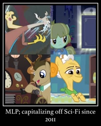 Size: 710x878 | Tagged: safe, screencap, danny trottance, discord, doctor whooves, grand pear, pony, make new friends but keep discord, slice of life (episode), the perfect pear, the return of harmony, danny torrance, glow, lever, lightning, male, meme, pear jam, science fiction, smiling, time travel