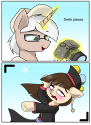 Size: 1100x1500 | Tagged: safe, artist:pencil bolt, oc, oc:karena, oc:lens, pony, unicorn, blushing, camera, comic, female, hat, magic, male