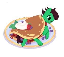 Size: 2382x2121 | Tagged: safe, artist:funfoxyt, oc, oc:northern haste, pony, blueberry, blushing, food, horse meat, meat, mint leaves, pancakes, pony as food, simple background, strawberry, tongue out, transparent background, whipped cream