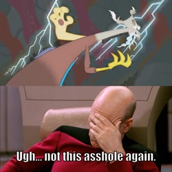 Size: 710x710 | Tagged: safe, screencap, discord, the return of harmony, annoyed, captain picard, enterprise bridge, exploitable meme, funny, laughing, lightning, male, meme, memeception, q (star trek: the next generation), star trek, star trek: the next generation, vulgar