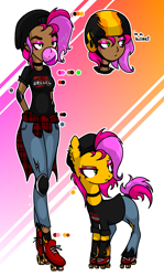 Size: 1488x2500 | Tagged: safe, artist:anyazen, oc, oc only, oc:rock'n rolla, earth pony, human, pony, bubblegum, choker, clothes, dark skin, ear piercing, earring, elbow pads, eyebrow piercing, eyeshadow, female, flannel, food, gum, helmet, humanized, humanized oc, jeans, jewelry, knee pads, lip piercing, makeup, mare, pants, piercing, reference sheet, roller skates, rollerblades, self paradox, self ponidox, shirt, shoes, socks, solo, t-shirt, tail wrap, torn clothes