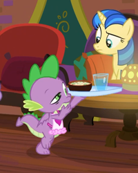 Size: 454x567 | Tagged: safe, screencap, spike, dragon, pony, unicorn, the point of no return, apron, clothes, cropped, female, food, male, mare, mystic moonlight, naked apron, tail, toes, tray, water, winged spike, wings
