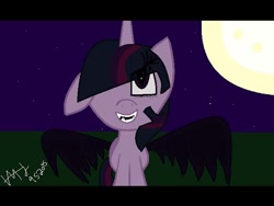 Size: 480x360 | Tagged: safe, artist:geminijade♥♥, twilight sparkle, twilight sparkle (alicorn), alicorn, pony, undead, vampire, vampony, eye clipping through hair, fangs, female, full moon, hair over one eye, mare, moon, night, signature, solo, spread wings, stars, wings, youtube link