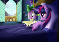Size: 6173x4360 | Tagged: safe, artist:greenbrothersart, spike, twilight sparkle, twilight sparkle (alicorn), alicorn, dragon, pony, ail-icorn, spoiler:interseason shorts, bed, book, caring for the sick, cute, reading, scene interpretation, sick, sicklight sparkle, spikabetes, thermometer, twiabetes, window