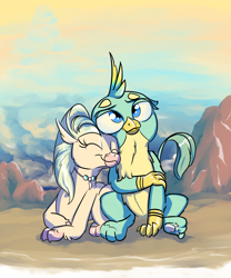 Size: 2000x2400 | Tagged: safe, artist:rocket-lawnchair, gallus, silverstream, classical hippogriff, griffon, hippogriff, beach, female, gallstream, male, paw pads, quadrupedal, shipping, straight, sunset