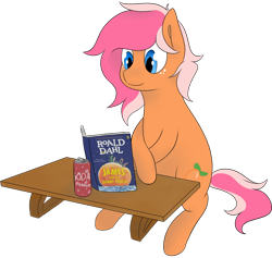 Size: 1088x1033 | Tagged: safe, artist:feelingpeachy, oc, oc only, oc:peachy, earth pony, pony, blue eyes, book, book cover, cover, crossed hooves, freckles, james and the giant peach, male, reading, simple background, sitting, soda, soda can, solo, stallion, table, transparent background