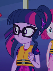 Size: 791x1060 | Tagged: safe, screencap, pinkie pie, sci-twi, twilight sparkle, better together, equestria girls, spring breakdown, clothes, cropped, female, geode of telekinesis, glasses, lifejacket, magical geodes, offscreen character, ponytail