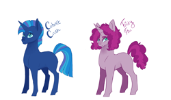 Size: 6000x3500 | Tagged: safe, artist:kittii-kat, oc, oc only, oc:cobalt crush, oc:fruity fizz, pony, unicorn, female, male, mare, offspring, parent:party favor, parent:tempest shadow, parents:tempestfavor, simple background, stallion, white background